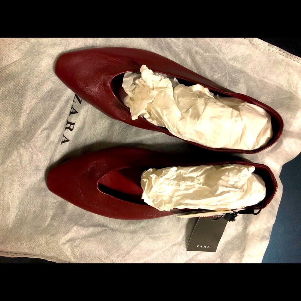 LAST NWT ZARA Burgundy Leather Ballet Flats US9/EUR 40